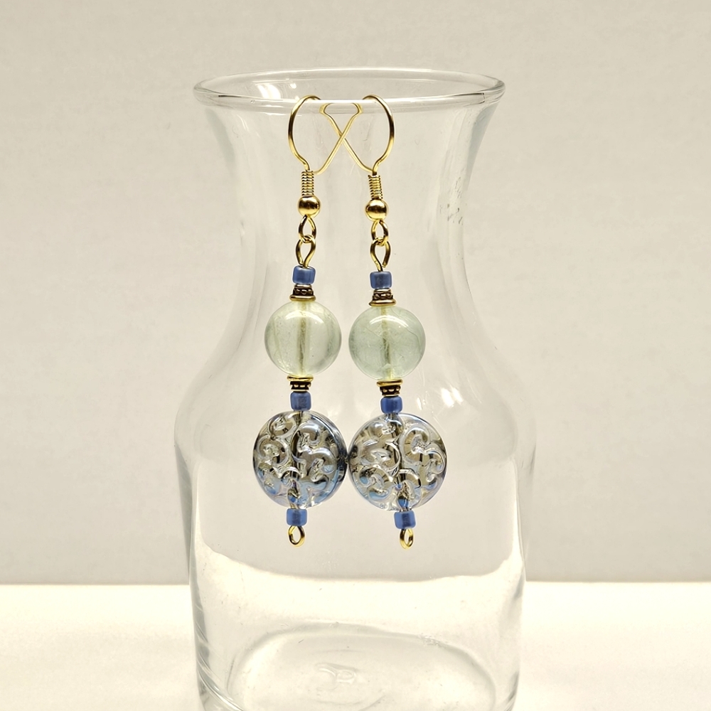 Green Fluorite and Blue Glass Beaded Earrings